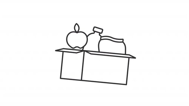 Animated charity box with food products line icon. Feeding poor people animation. Hunger relief fund. Sharing resources in community. Outline element on white background. HD video with alpha channel
