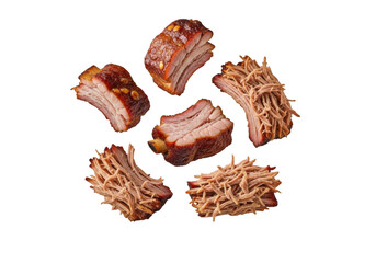 Obraz premium Assortment of delicious barbecue pork ribs and pulled pork, presented artfully on a transparent background