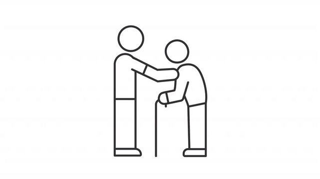 Animated young man caring of grandfather line icon. Caregiver supports elderly person animation. Social service for old patient. Outline element on white background. HD video with alpha channel