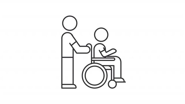 Animated man helping patient in wheelchair line icon. People with disability support animation. Social inclusion services. Outline element on white background. HD video with alpha channel