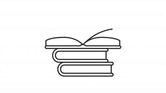 Animated books stack line icon. Reading literature animation. Textbooks prepares for studying. Open novel with turning page. Outline element on white background. HD video with alpha channel