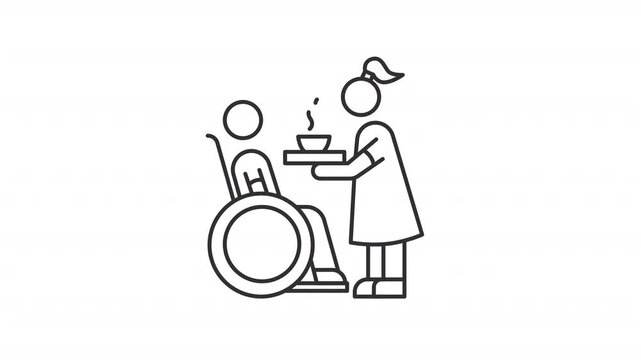 Animated woman giving dinner to man in wheelchair line icon. Wife caring of husband with disability animation. Caregiver work routine. Outline element on white background. HD video with alpha channel