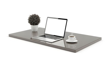 Fototapeta premium Minimalist Workspace with Laptop Plant and Coffee on Gray Desk