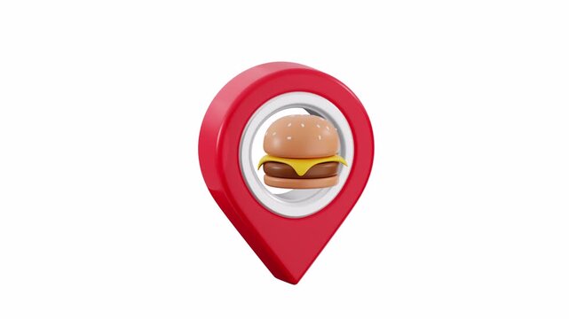 Burger placed within a red map pin, perfect for food delivery app icons, restaurant locator services, fast food websites.