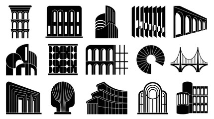Obraz premium Black and White Architectural Icons: Buildings, Bridges, and Structures