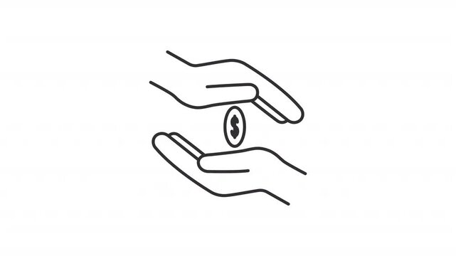 Animated hands holding coin line icon. Earning extra money animation. Giving and receiving financial support. Donation gathering. Outline element on white background. HD video with alpha channel