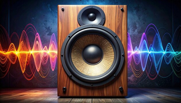 Wooden speaker sound waves colorful audio frequency vibration