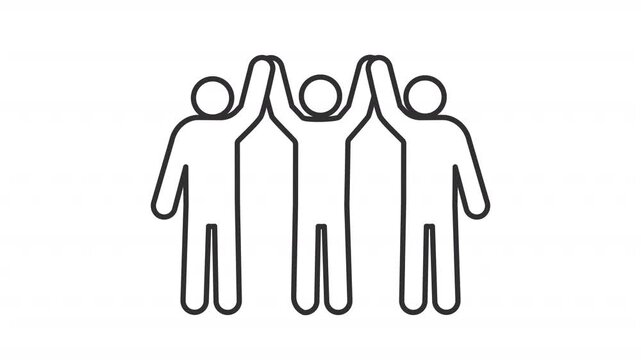 Animated people raising joined hands line icon. Community bonding animation. Team celebrating goal achievement. Unity spirit. Outline element on white background. HD video with alpha channel