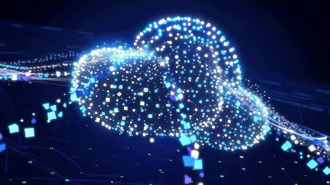 Digital cloud forming with particles, data transfer streams, futuristic cloud computing.