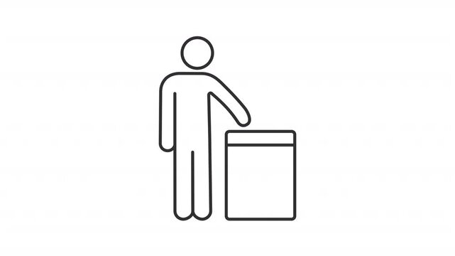 Animated person putting paper into box line icon. Garbage collecting animation. Voting by placing bill into container. Outline element on white background. HD video with alpha channel