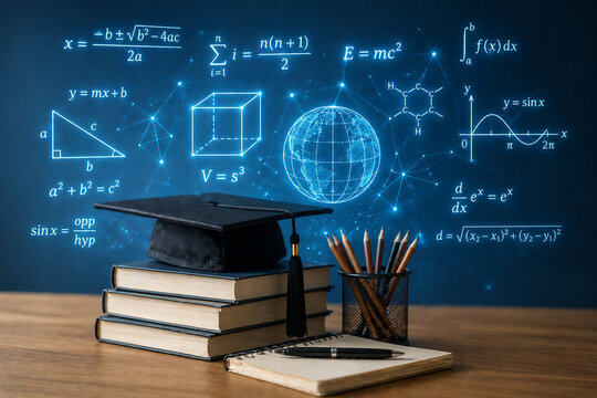 STEM education concept, math formulas floating hologram style