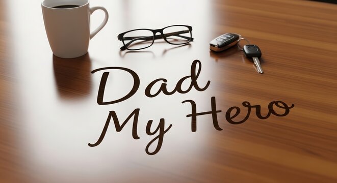 Father's Day handwritten chalk message with coffee, glasses, and car keys on wooden table