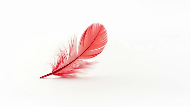 A single, delicate red feather rests on a clean, white surface. Soft and airy
