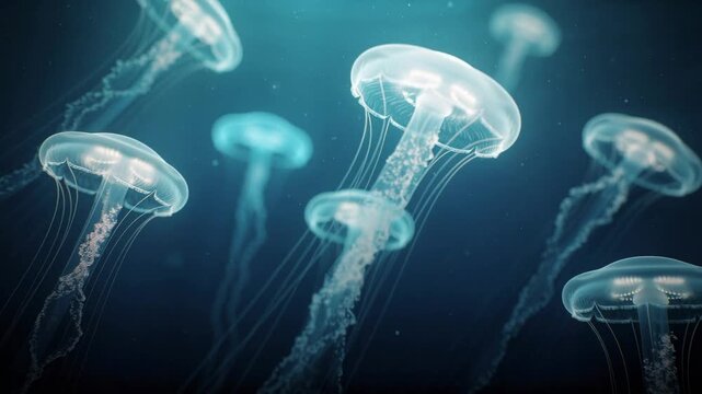 Graceful translucent jellyfish drifting slowly in the deep blue ocean with flowing tentacles underwater scene