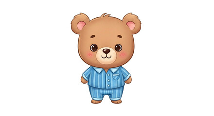 Fototapeta premium Cute cartoon teddy bear wearing blue striped pajamas, isolated on white