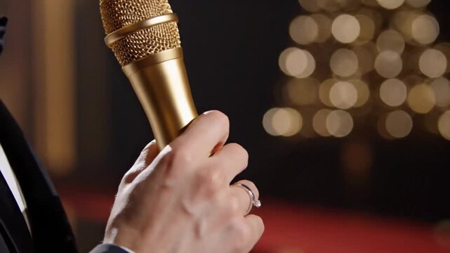 Hand holding golden microphone on stage at evening event