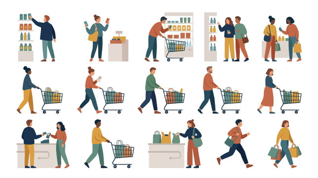 Diverse people shopping in supermarket, flat illustration, retail industry