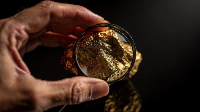 Close up of hand inspecting shiny gold nugget with magnifying glass for precious metal appraisal