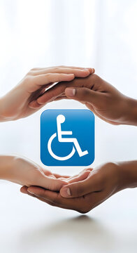 Tangan beragam melindungi ikon aksesibilitas kursi roda biru untuk inklusi disabilitas