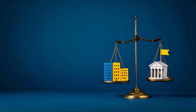 Brass balance scale with wooden base against dark blue background, stacked blue and yellow blocks on one side, classical-style building model with columns and triangular roof on the other side