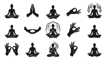 Fototapeta premium Yoga Meditation Icons Set - Silhouette Figures and Hand Gestures in Black and White