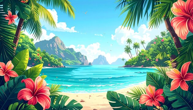 Animated vista of a tropical beach with vibrant hibiscus flowers, verdant palm leaves framing a turquoise sea and distant islands