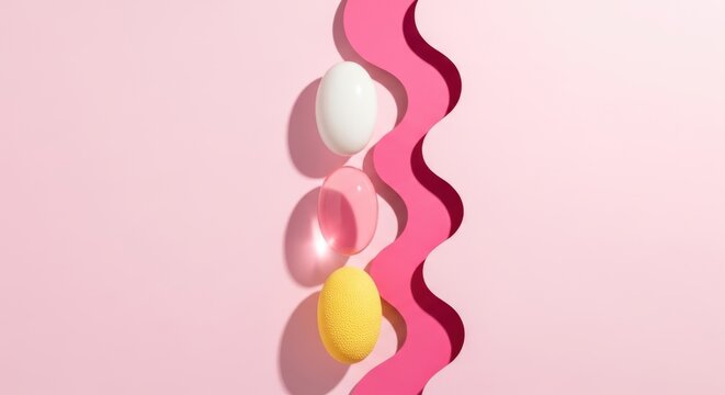 Three colorful oval objects next to a wavy pink shape