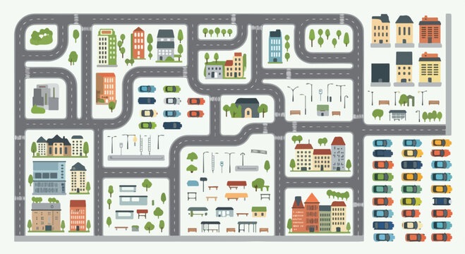 Flat city map creator kit with road network, urban buildings and colorful cars, isometric town infrastructure vector set, street navigation elements