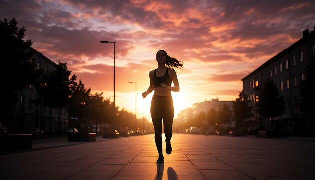 Woman jogging on a city street at sunset with a vibrant orange and pink sky