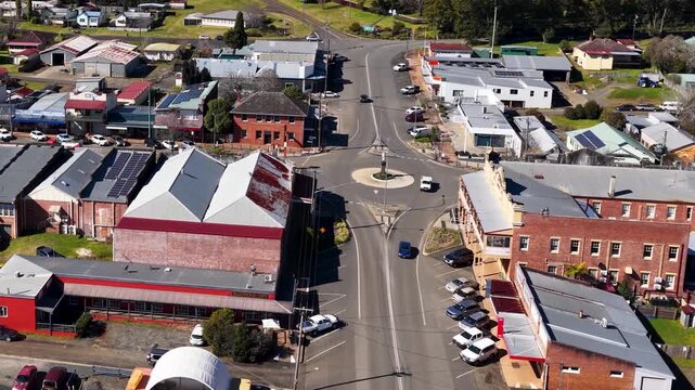 Aerial view of rural Australian town showing buildings and street traffic.