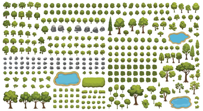 Isometric landscape element kit, green forest trees and garden plants vector set, natural environment map icons with rocks and ponds