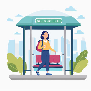 Woman with Backpack at Bus Stop Waiting for Transportation