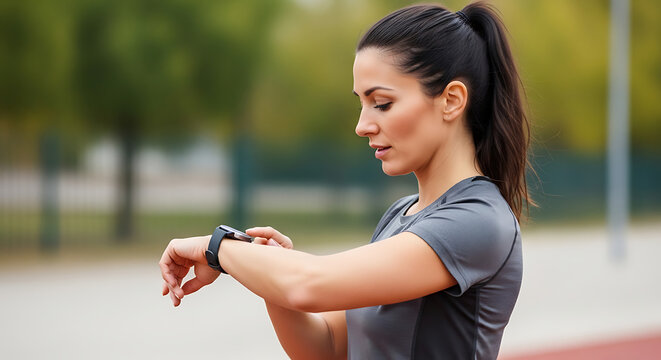 A woman in a gray shirt checks her smartwatch while standing outside on a track or trail, looking focused and active