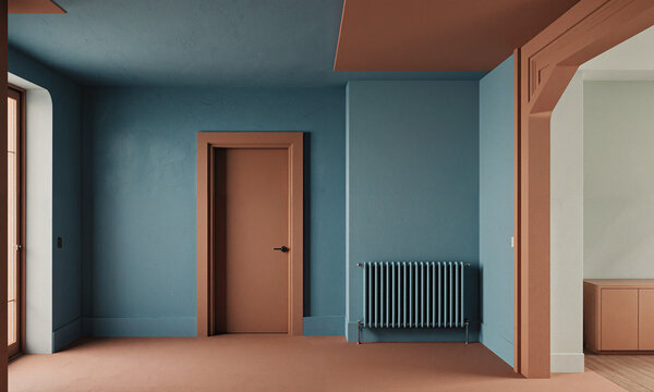 Interior architecture minimalism room with teal and terracotta walls including copy space for contemporary home design
