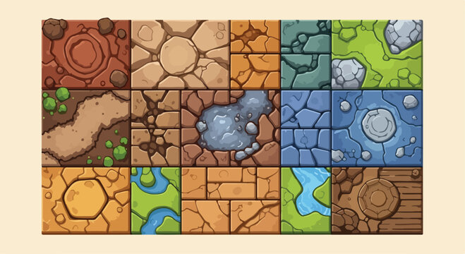 Cartoon game textures set, 15 seamless terrain tiles for video game design, stylized ground patterns including grass, stone, sand, and water vector