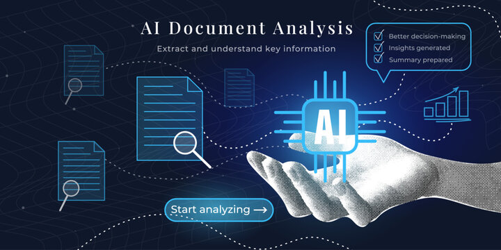 A human hand holds an artificial intelligence symbol for document analysis. Trendy halftone collage. An automated system extracts data and summarizes text. The concept of business analytics