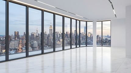 Fototapeta premium Expansive contemporary office space with floor to ceiling windows showcasing a panoramic cityscape view during daylight hours presenting an opportunity for commercial enterprise and urban