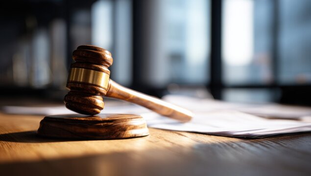 Wooden Gavel Resting on Documents in a Courtroom Setting.