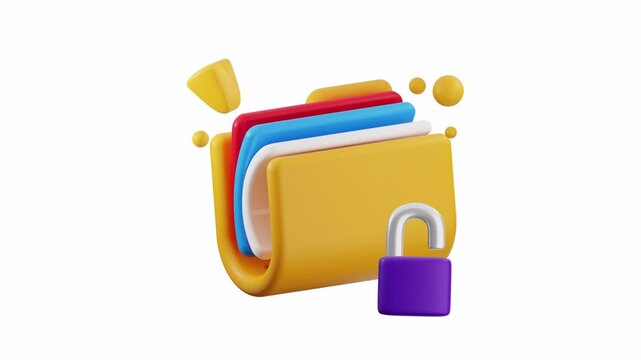 Folder icon with multiple documents and a purple padlock. Suitable for cybersecurity concepts, data protection, secure file storage visuals.