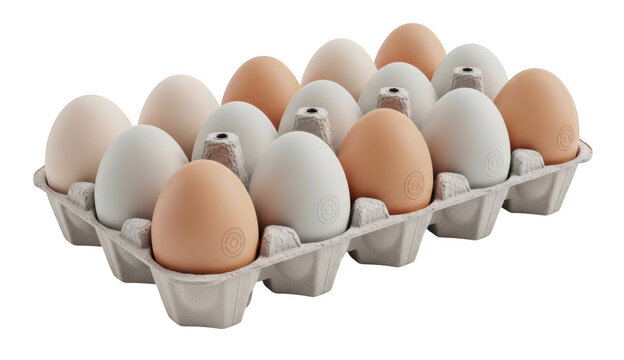eggs in carton, assorted colors, white background