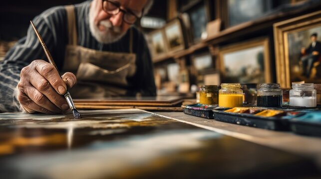 Conservator in Art Studio Restoring a Painting with Care and Precision