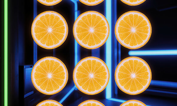Orange Neon Abstract fruit slices arranged in a futuristic grid pattern with blue and green glowing lights