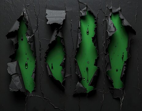 Black surface torn, revealing vibrant green liquid