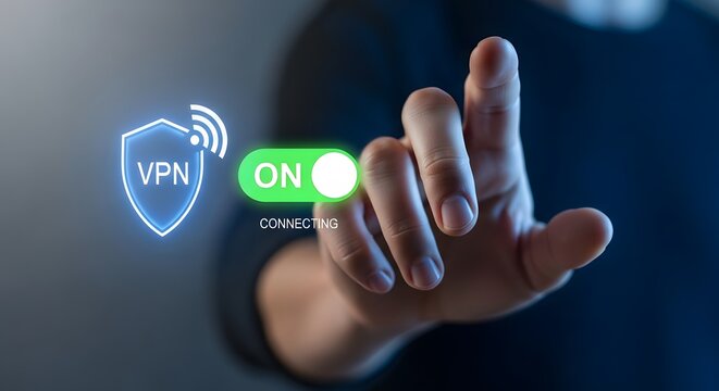 Person finger touching virtual screen to enable secure vpn connection for private internet browsing