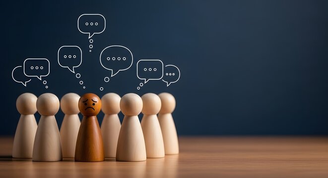 Wooden figures representing social exclusion with sad expression and speech bubble icons above heads