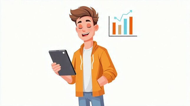 Enthusiastic young professional cartoon character leveraging a digital tablet for data analysis, clearly visualizing positive business growth and strategic success
