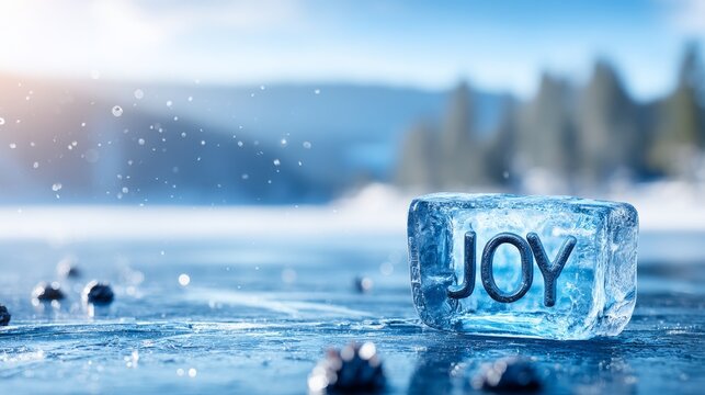 Engraved Ice Slab with the Word JOY on a Frozen Lake Surface