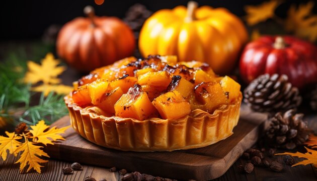 Traditional sweet potato pie on wooden board with pumpkins
