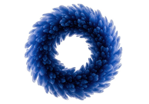 Extremely dense, pressurized sapphire blue smoke ring vortex with turbulent, swirling edges, isolated on a transparent background using dramatic studio strobe lighting. Concept of technical fluid