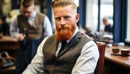 Obraz premium A stylish man with a beard sitting in a barber shop